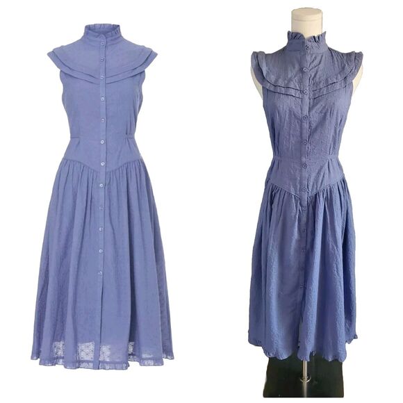 Pamela Love Midi Dress Small Cotton Blue Eyelet Embroidered Button Front - Picture 2 of 11